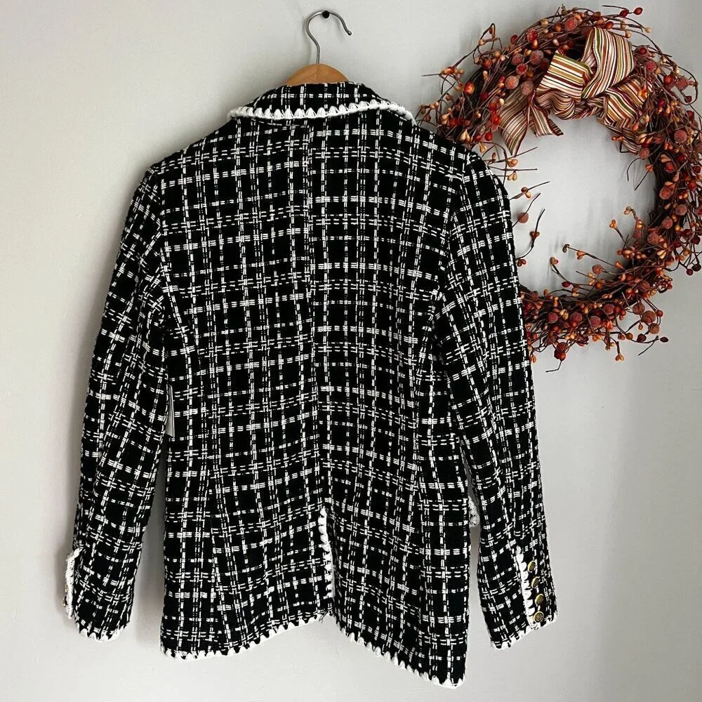 Laundry by Shelli Segal Womens Double Breasted Tweed Blazer XTRA-SMALL Black